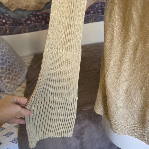 Vince Camuto Gold Metallic Lurex Sweater Women Sz S Ribbed Bell Sleeve Boat Neck - Picture 9 of 15